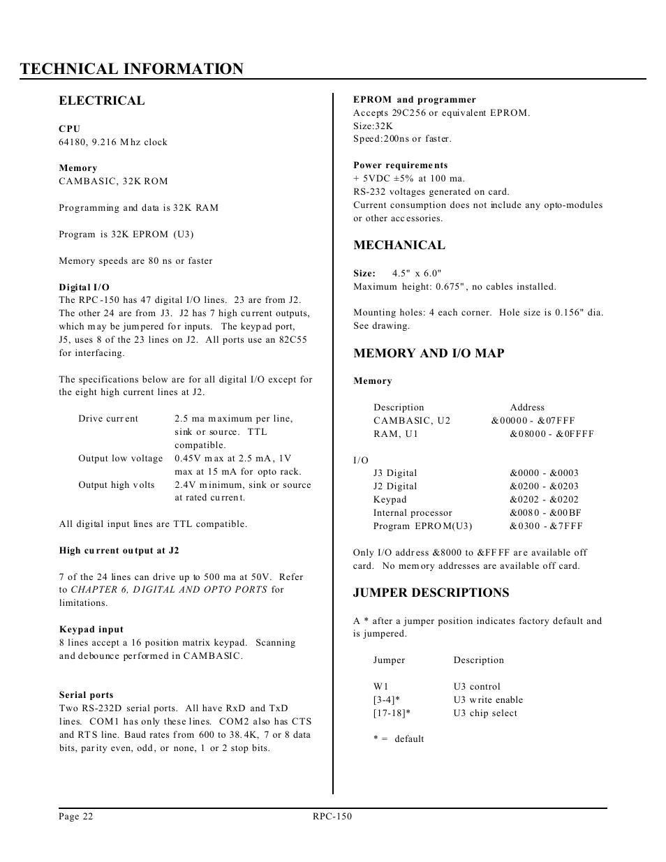 Technical information, Electrical, Mechanical | Jumper descriptions | Remote Processing RPC-150 User Manual | Page 24 / 26