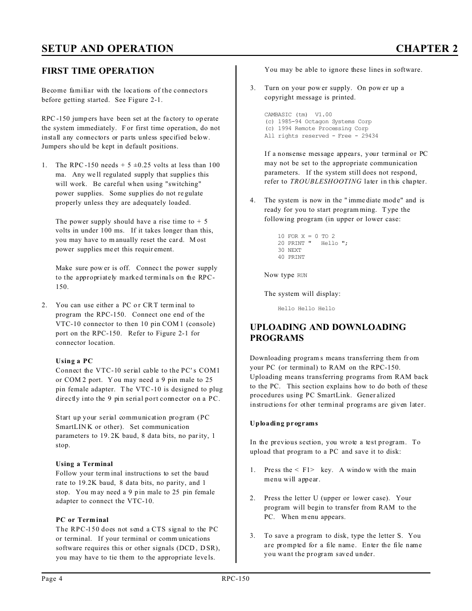 Setup and operation chapter 2, First time operation, Uploading and downloading programs | Remote Processing RPC-150 User Manual | Page 6 / 26