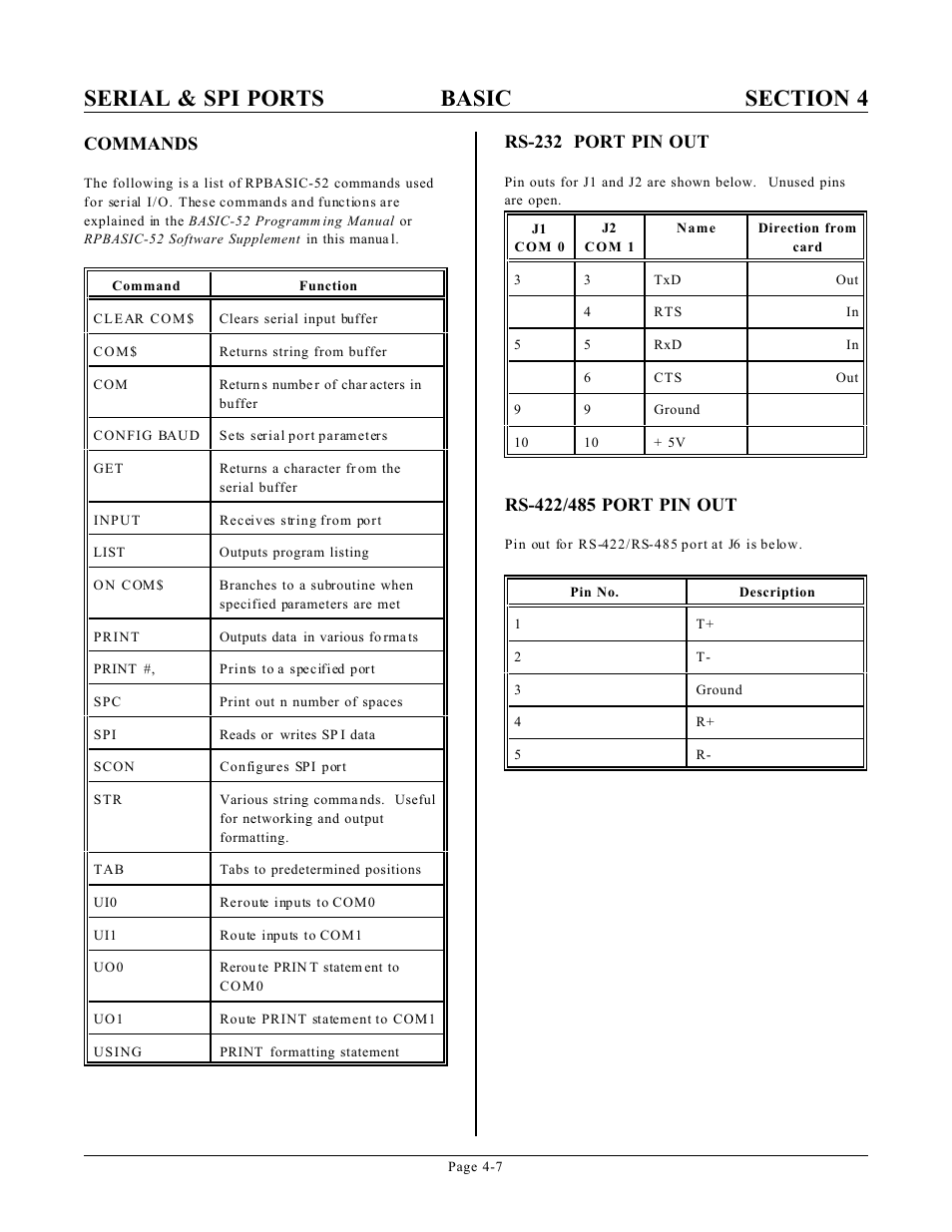 Commands, Rs-232 port pin out | Remote Processing RPC-210 User Manual | Page 25 / 60