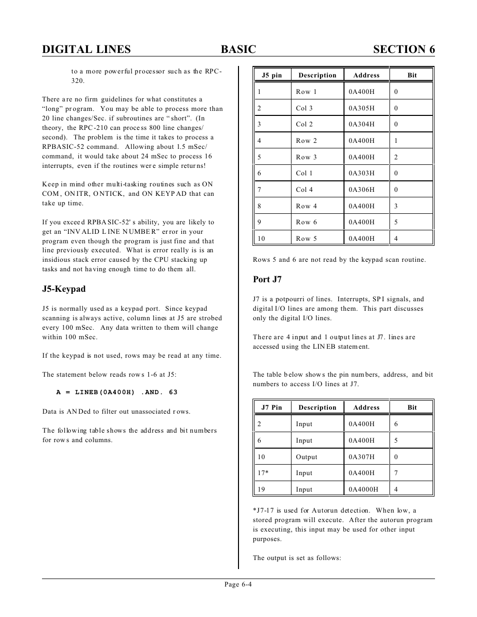 J5-keypad, Port j7 | Remote Processing RPC-210 User Manual | Page 32 / 60