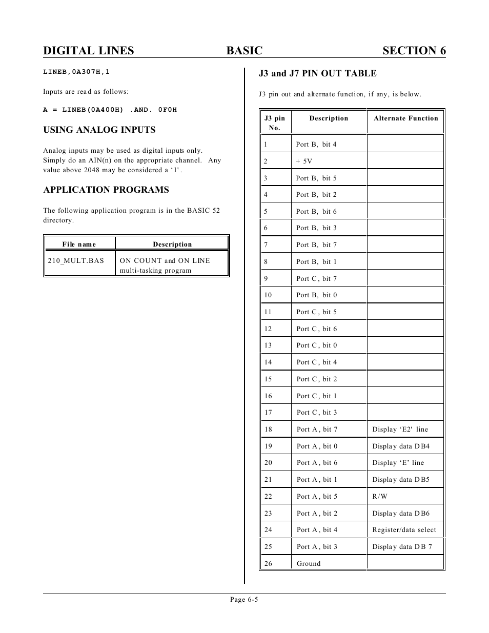 Using analog inputs, Application programs, J3 and j7 pin out table | Remote Processing RPC-210 User Manual | Page 33 / 60