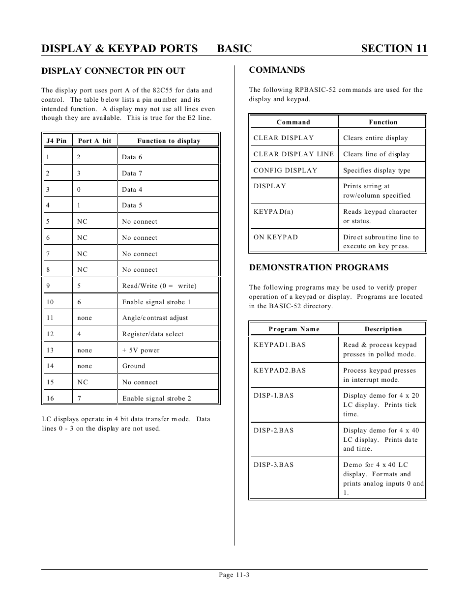 Display connector pin out, Commands, Demonstration programs | Remote Processing RPC-210 User Manual | Page 51 / 60