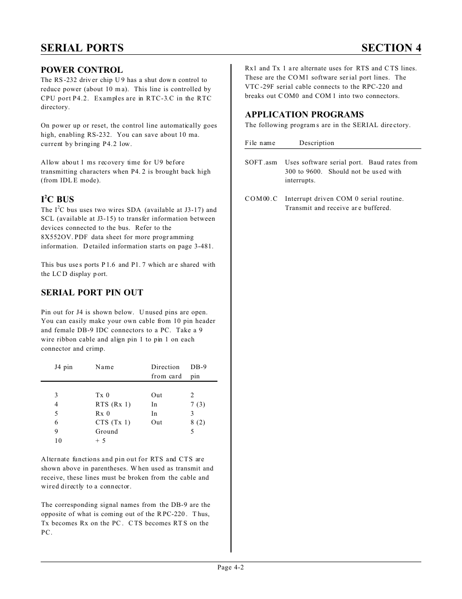 Power control, C bus, Serial port pin out | Application programs | Remote Processing RPC-220 User Manual | Page 22 / 47