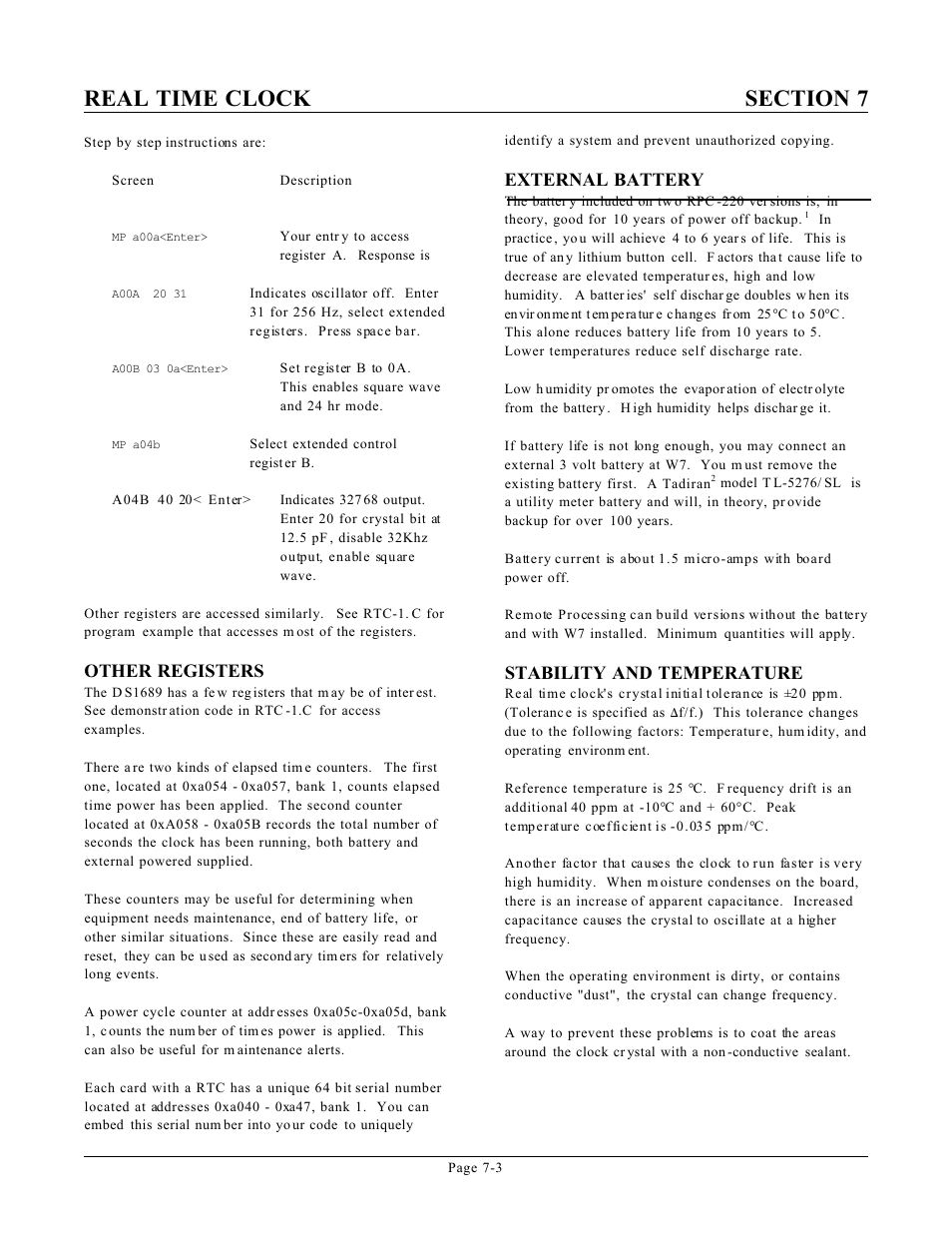 Other registers, External battery, Stability and temperature | Remote Processing RPC-220 User Manual | Page 28 / 47