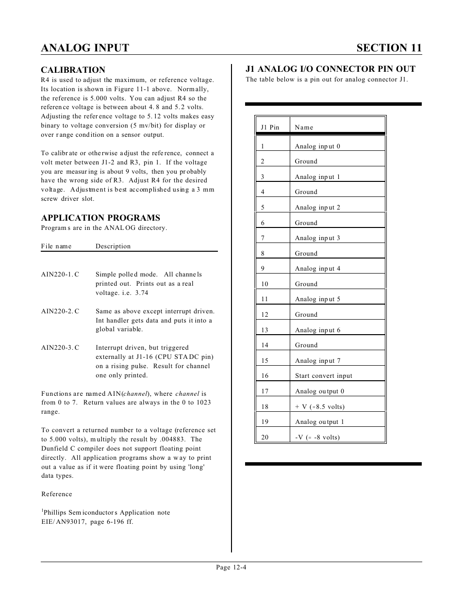 Calibration, Application programs, J1 analog i/o connector pin out | Remote Processing RPC-220 User Manual | Page 37 / 47