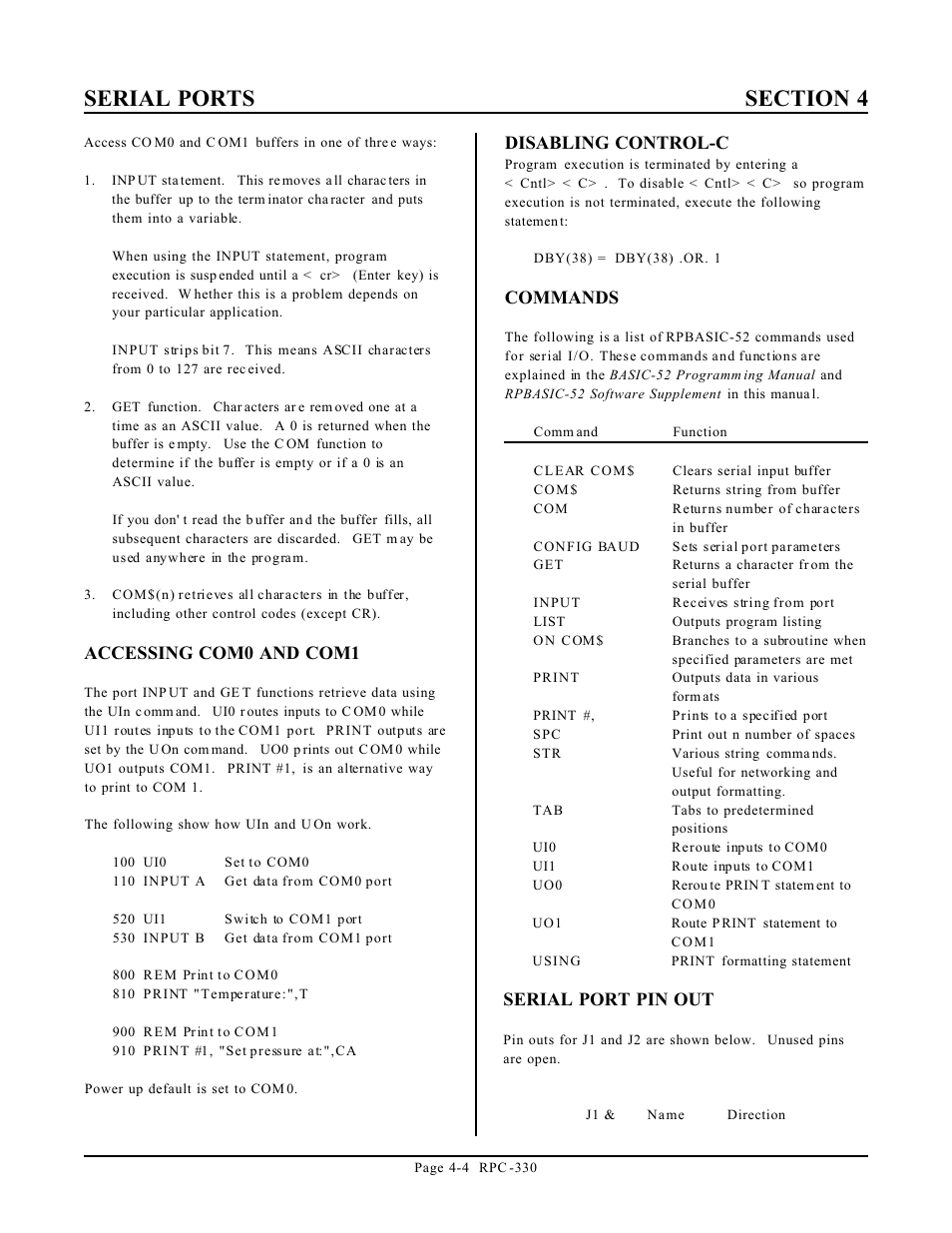 Accessing com0 and com1, Disabling control-c, Commands | Serial port pin out | Remote Processing RPC-330 User Manual | Page 17 / 48