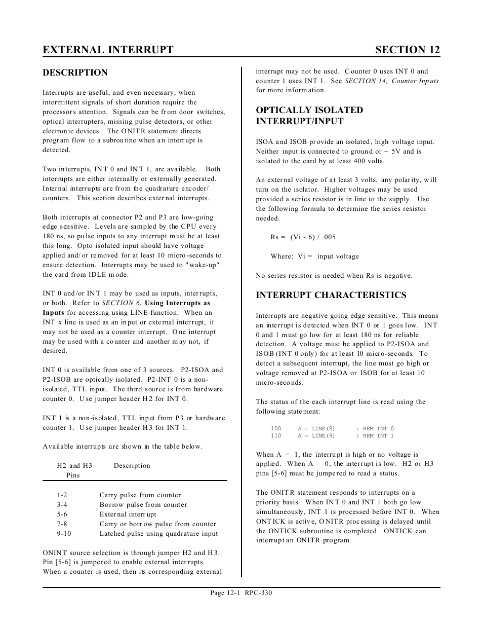 Description, Optically isolated interrupt/input, Interrupt characteristics | Remote Processing RPC-330 User Manual | Page 41 / 48
