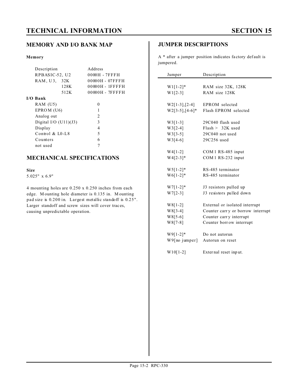 Mechanical specifications, Jumper descriptions | Remote Processing RPC-330 User Manual | Page 48 / 48