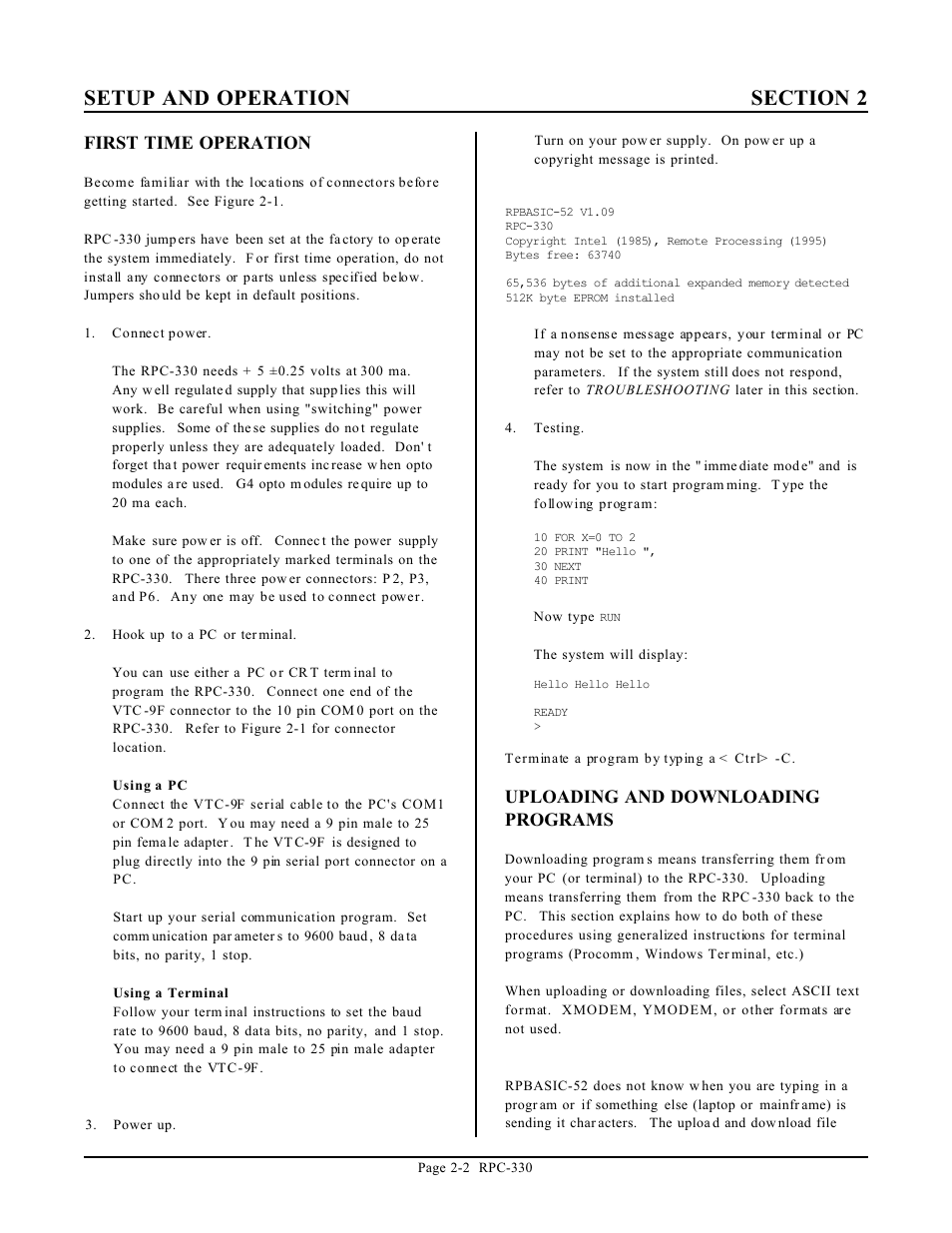 First time operation, Uploading and downloading programs | Remote Processing RPC-330 User Manual | Page 8 / 48