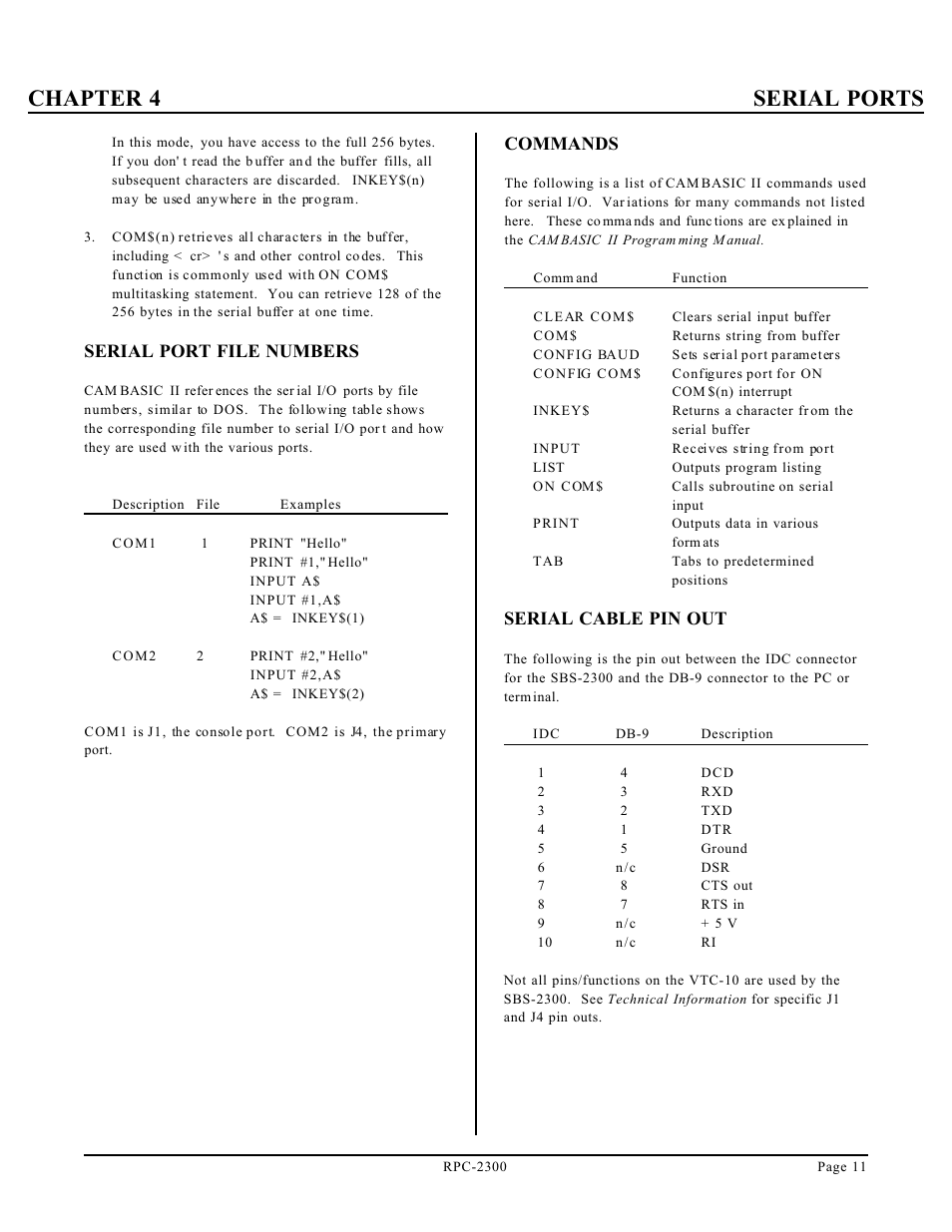 Chapter 4 serial ports, Serial port file numbers, Commands | Serial cable pin out | Remote Processing RPC-2300 User Manual | Page 13 / 36