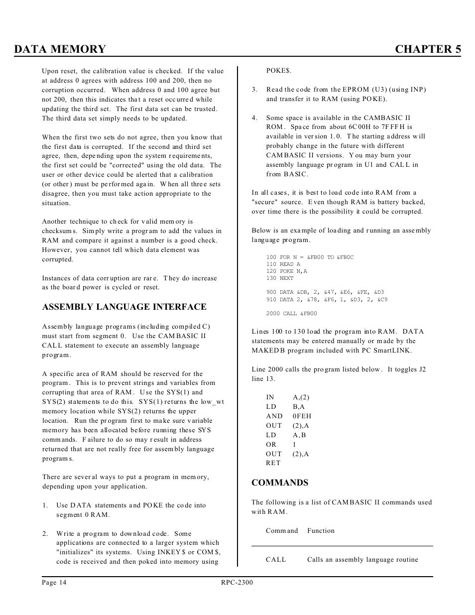 Assembly language interface, Commands | Remote Processing RPC-2300 User Manual | Page 16 / 36