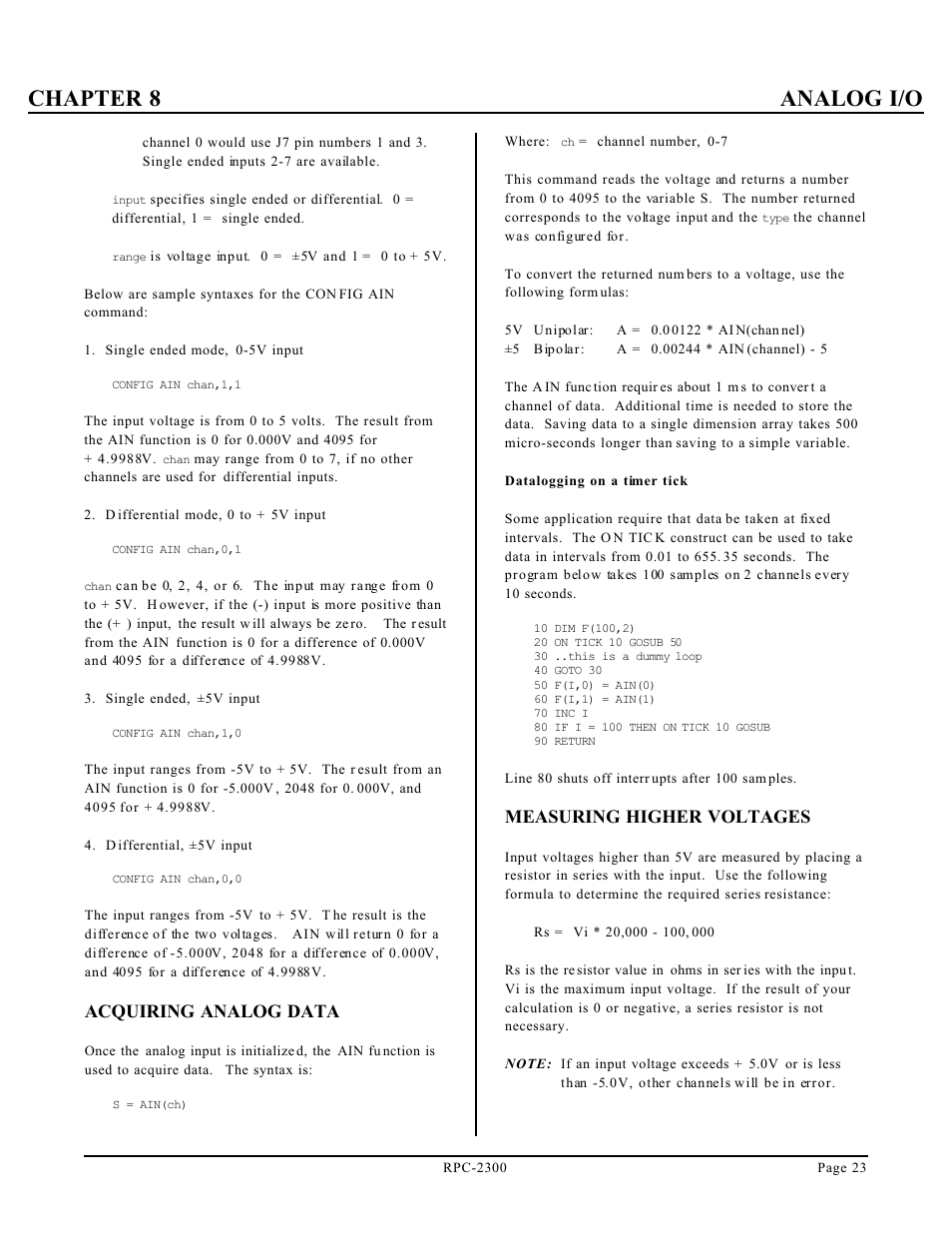 Chapter 8 analog i/o, Acquiring analog data, Measuring higher voltages | Remote Processing RPC-2300 User Manual | Page 25 / 36