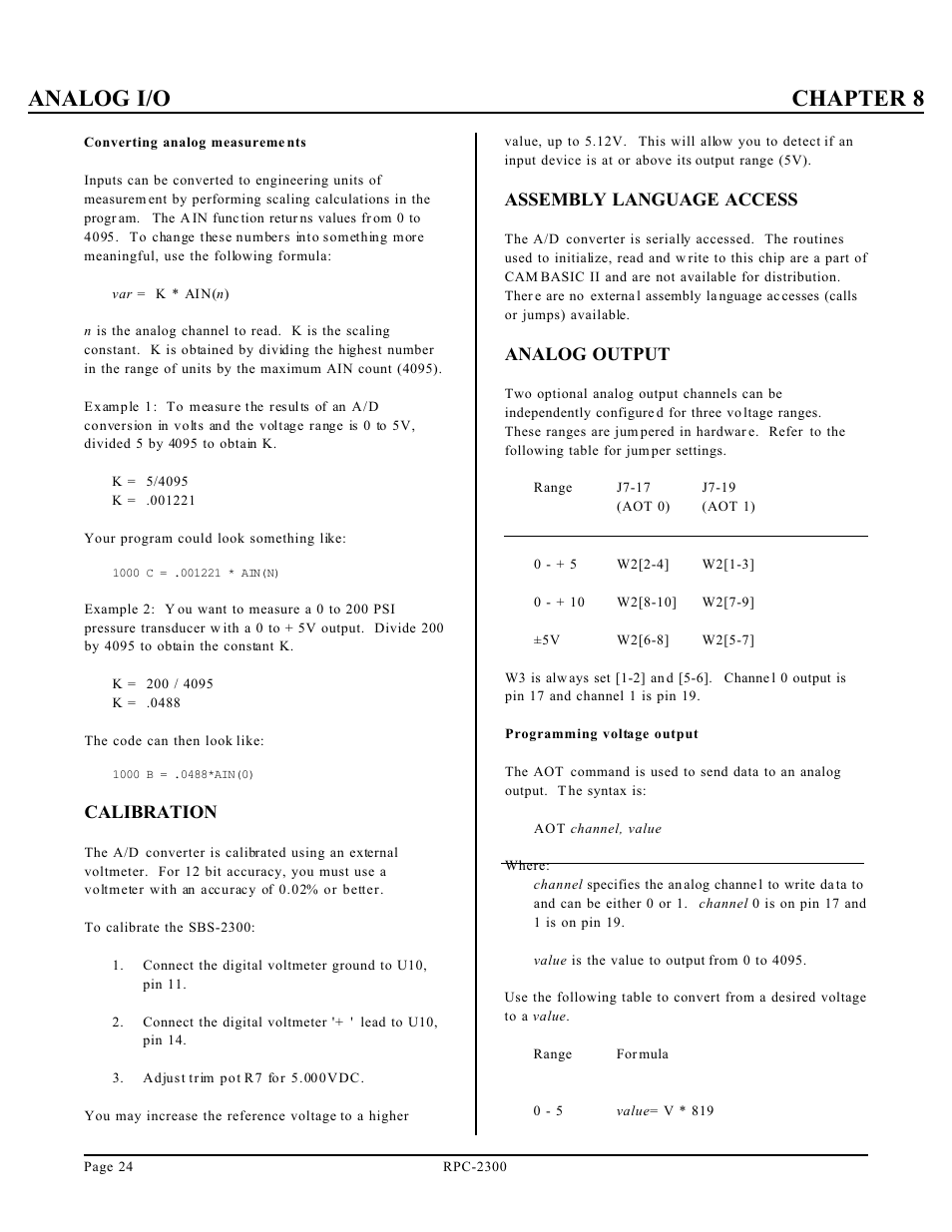 Analog i/o chapter 8, Calibration, Assembly language access | Analog output | Remote Processing RPC-2300 User Manual | Page 26 / 36