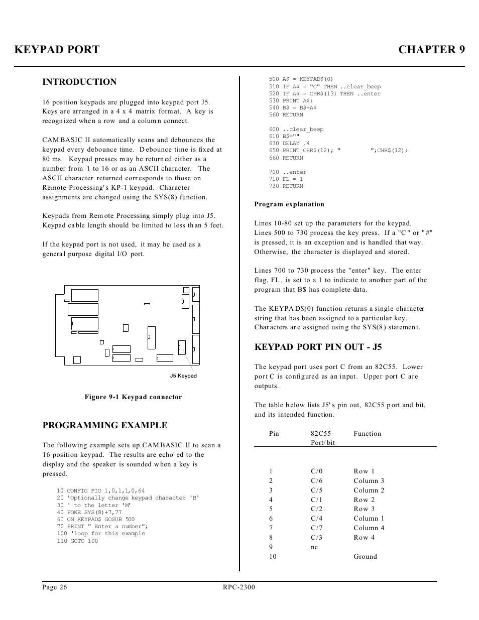 Keypad port chapter 9, Introduction, Programming example | Keypad port pin out - j5 | Remote Processing RPC-2300 User Manual | Page 28 / 36