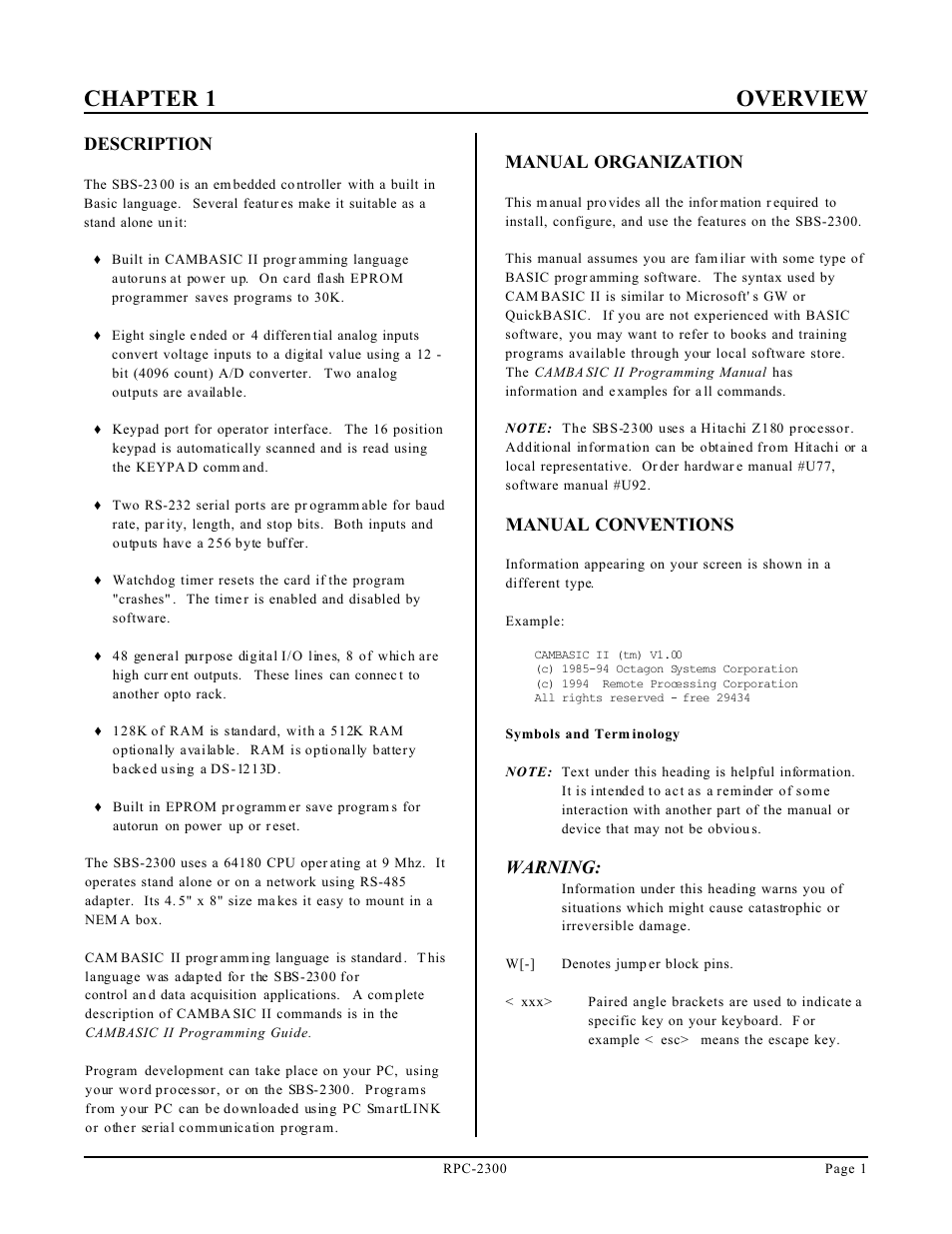 Chapter 1 overview, Description, Manual organization | Manual conventions, Warning | Remote Processing RPC-2300 User Manual | Page 3 / 36