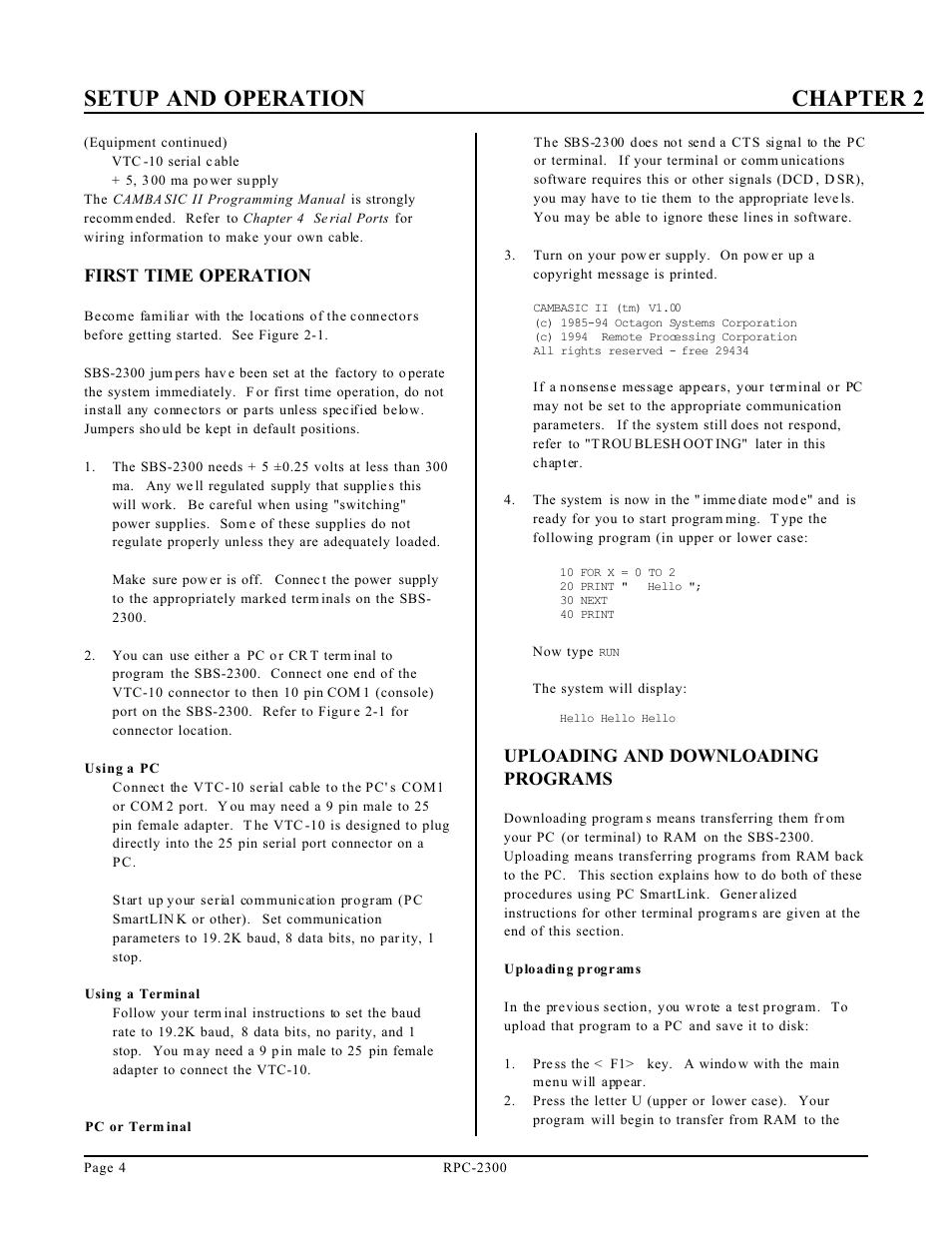 Setup and operation chapter 2, First time operation, Uploading and downloading programs | Remote Processing RPC-2300 User Manual | Page 6 / 36