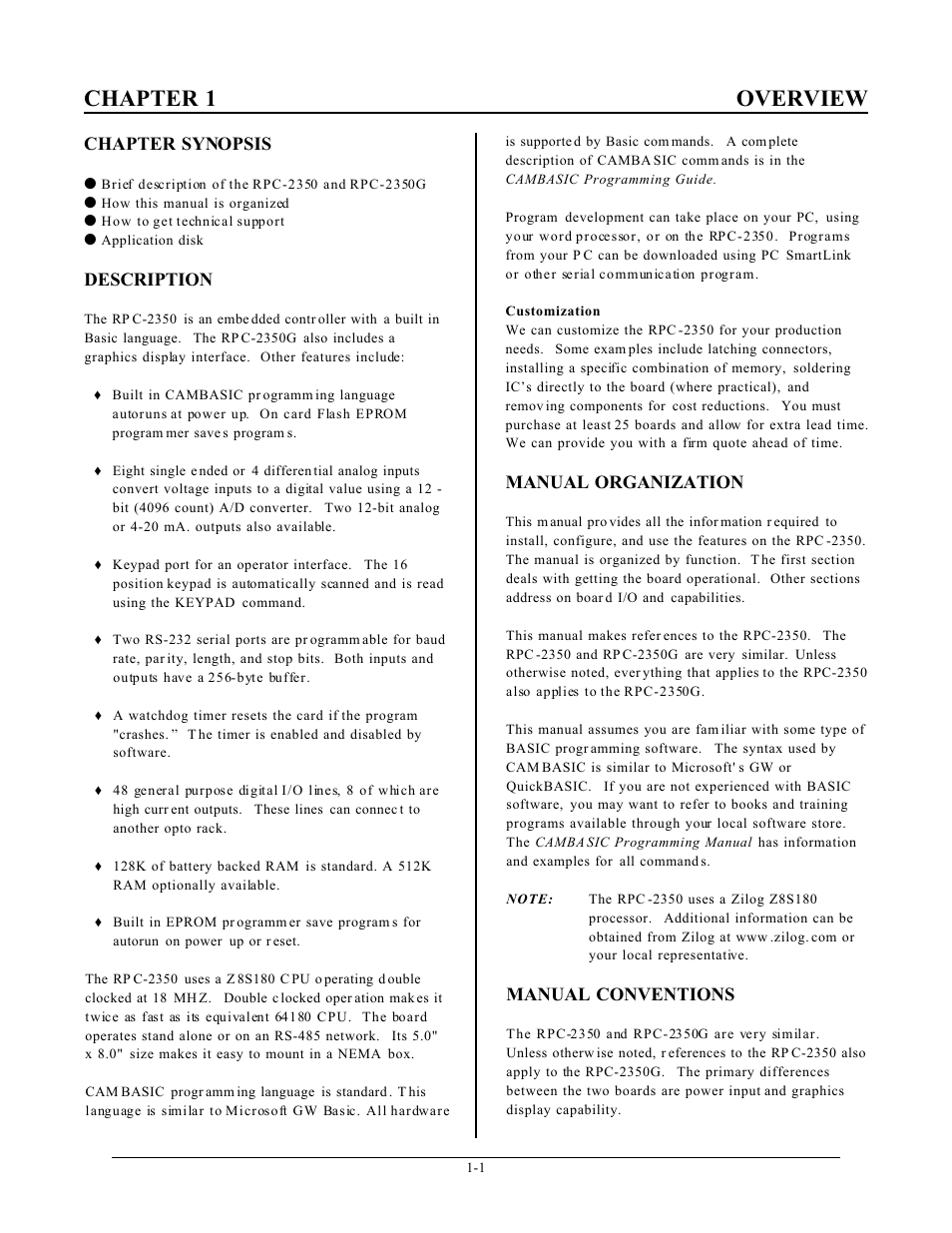 Chapter 1 overview, Chapter synopsis, Description | Manual organization, Manual conventions | Remote Processing RPC-2350 User Manual | Page 5 / 83