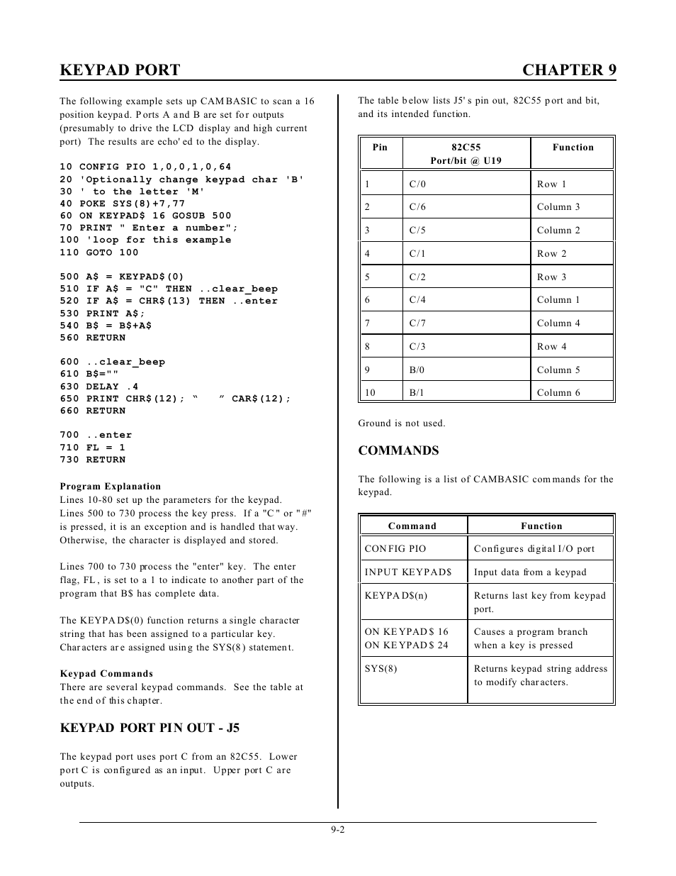 Keypad port chapter 9, Keypad port pin out - j5, Commands | Remote Processing RPC-2350 User Manual | Page 51 / 83