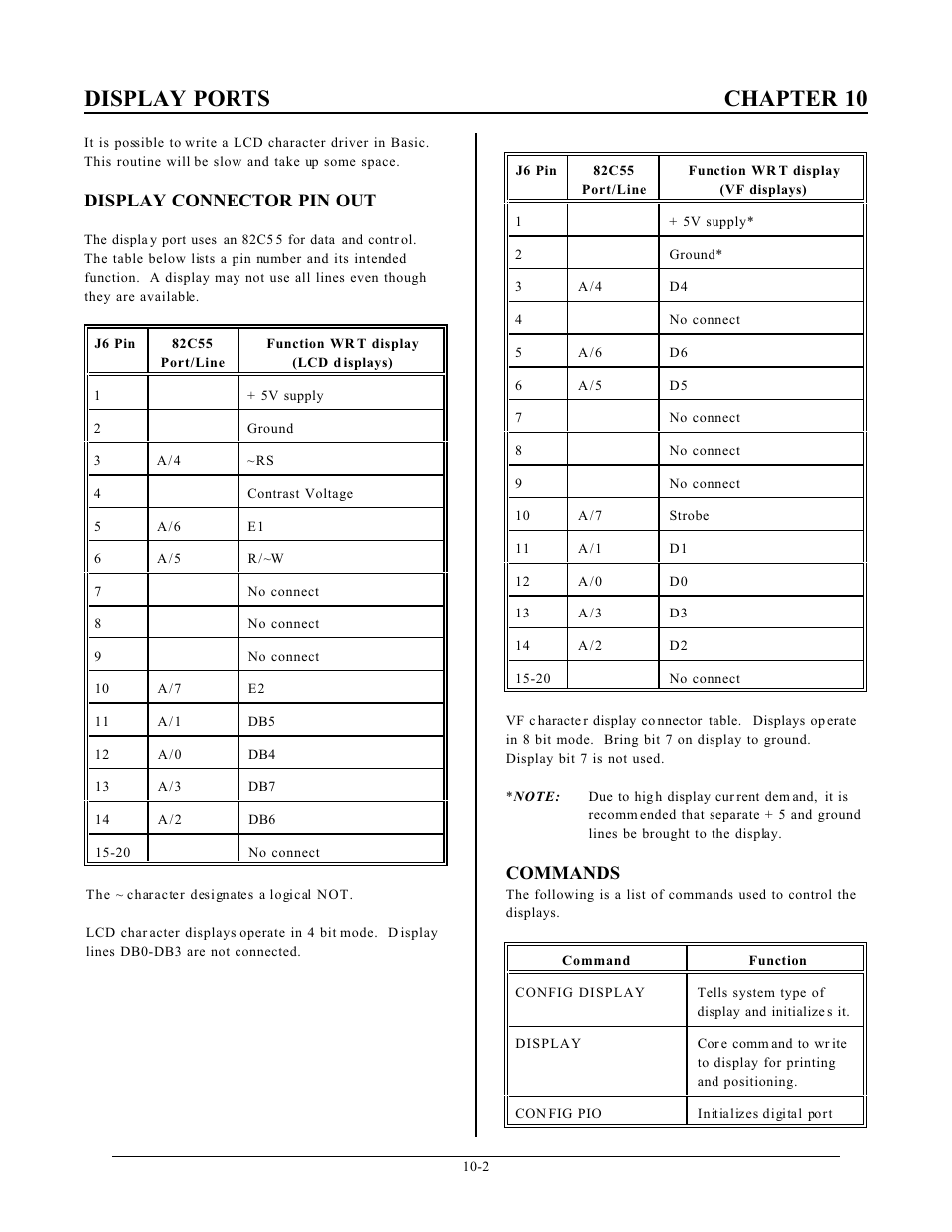 Display ports chapter 10, Display connector pin out, Commands | Remote Processing RPC-2350 User Manual | Page 53 / 83