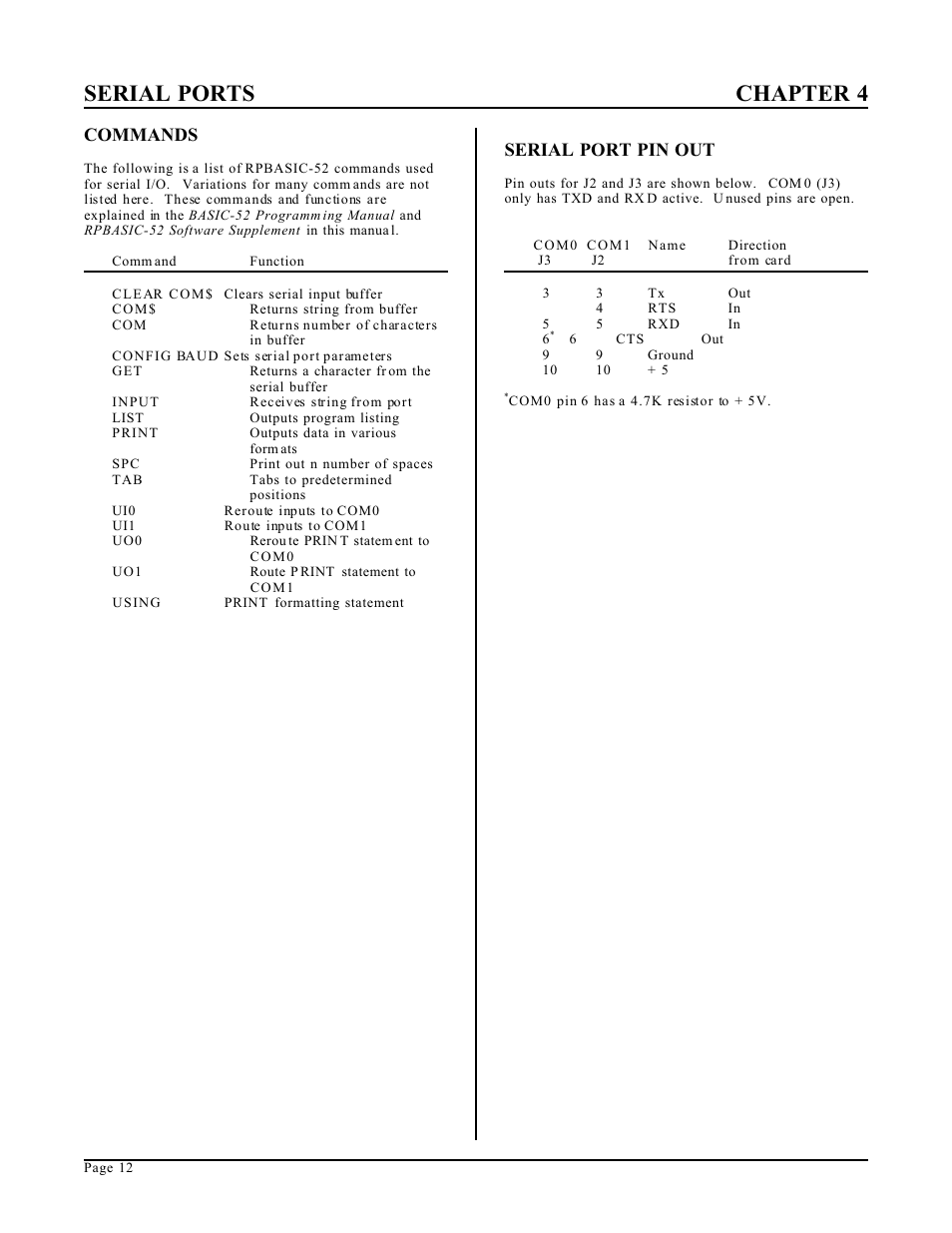 Serial ports chapter 4, Commands, Serial port pin out | Remote Processing RPC-52 User Manual | Page 14 / 36
