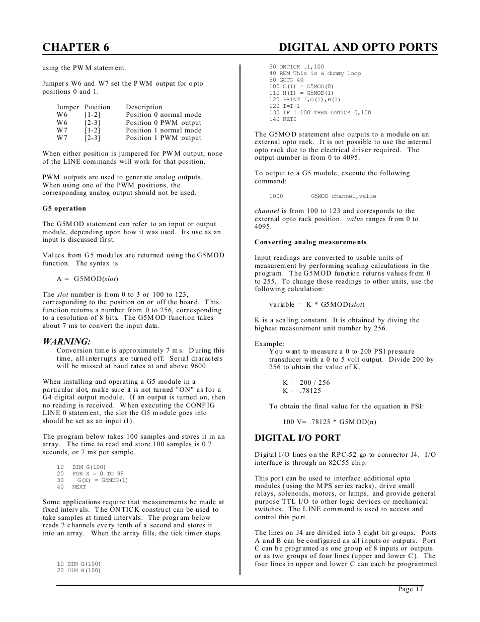 Chapter 6 digital and opto ports, Warning, Digital i/o port | Remote Processing RPC-52 User Manual | Page 19 / 36