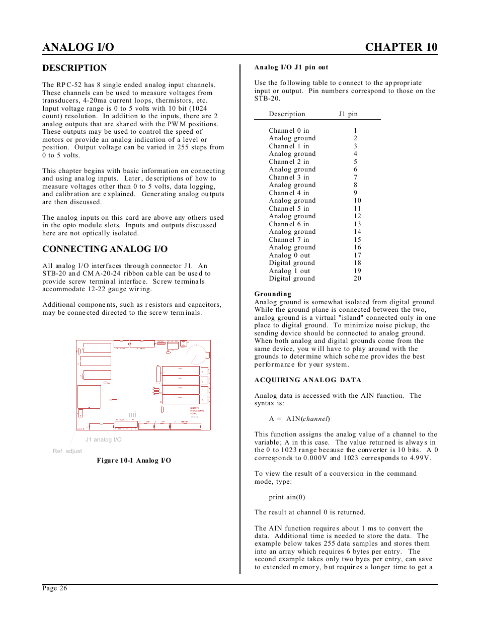 Analog i/o chapter 10, Description, Connecting analog i/o | Remote Processing RPC-52 User Manual | Page 28 / 36