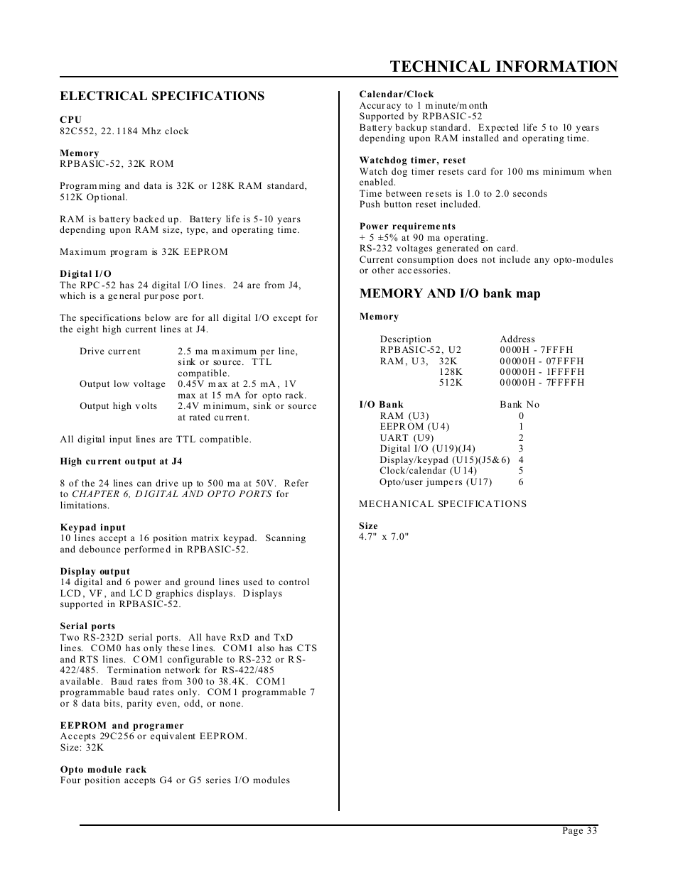 Technical information, Electrical specifications | Remote Processing RPC-52 User Manual | Page 35 / 36