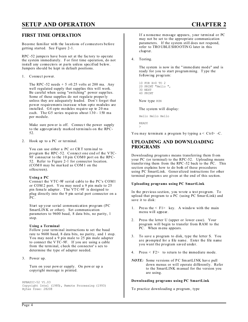 Setup and operation chapter 2, First time operation, Uploading and downloading programs | Remote Processing RPC-52 User Manual | Page 6 / 36