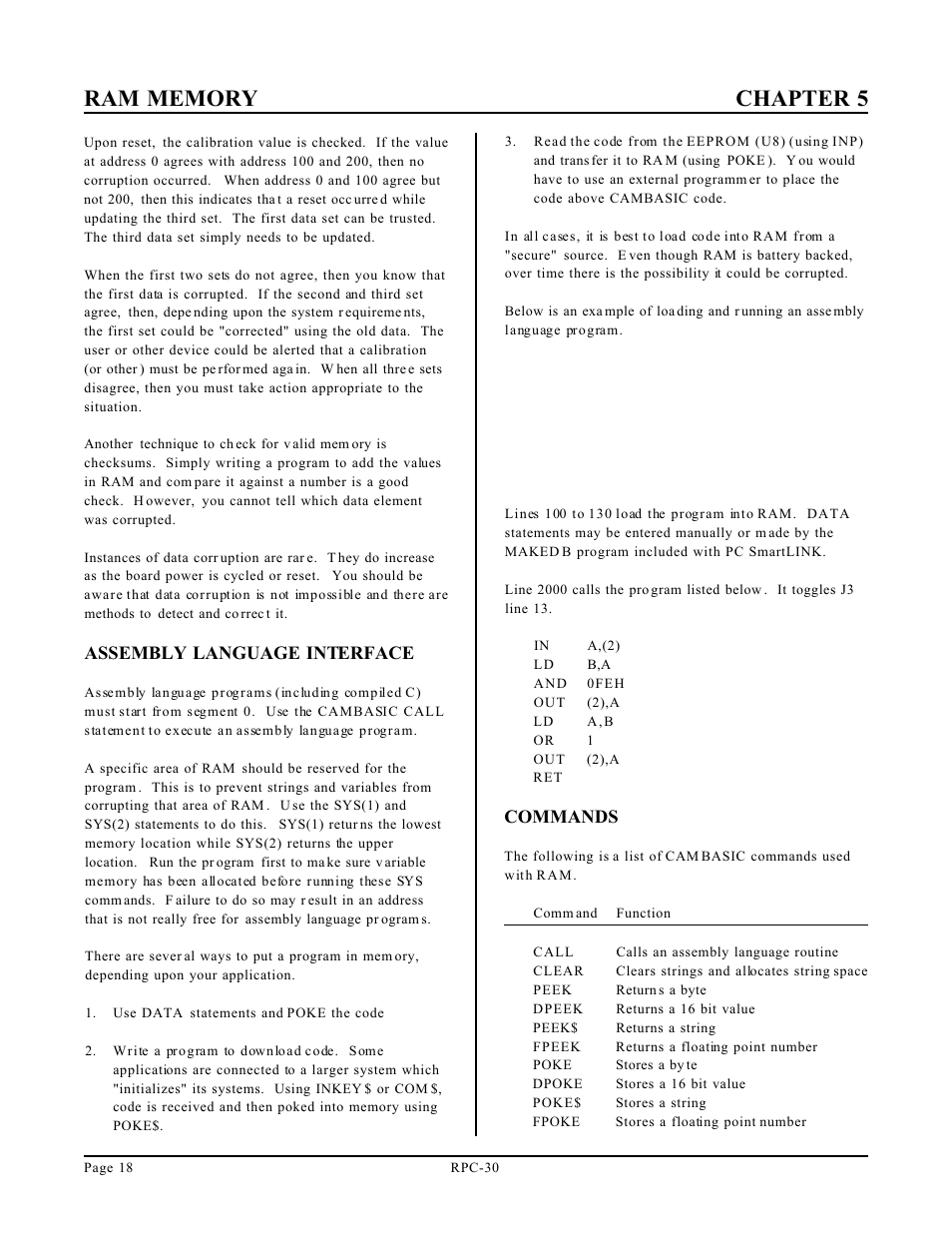 Assembly language interface, Commands | Remote Processing RPC-30 User Manual | Page 20 / 38