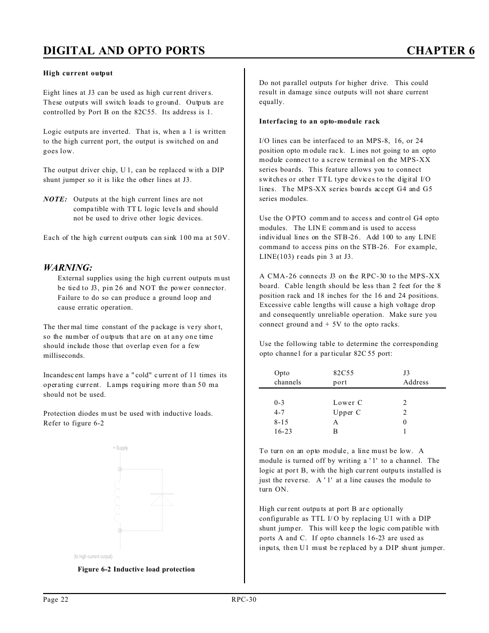 Digital and opto ports chapter 6, Warning | Remote Processing RPC-30 User Manual | Page 24 / 38