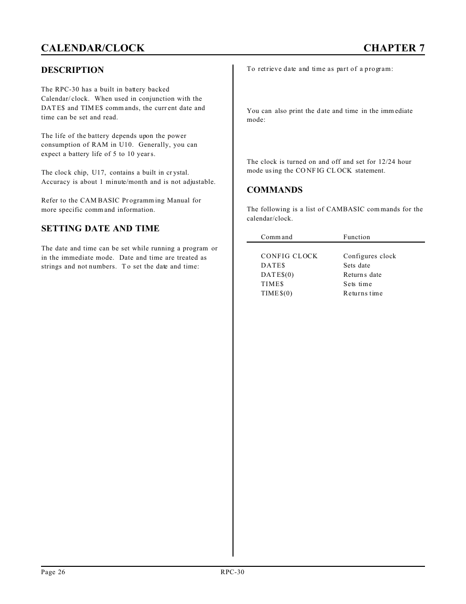 Calendar/clock chapter 7 | Remote Processing RPC-30 User Manual | Page 28 / 38