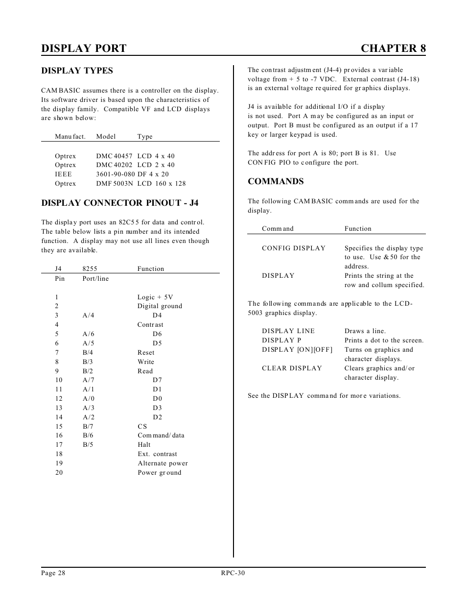 Display port chapter 8, Display types, Display connector pinout - j4 | Commands | Remote Processing RPC-30 User Manual | Page 30 / 38