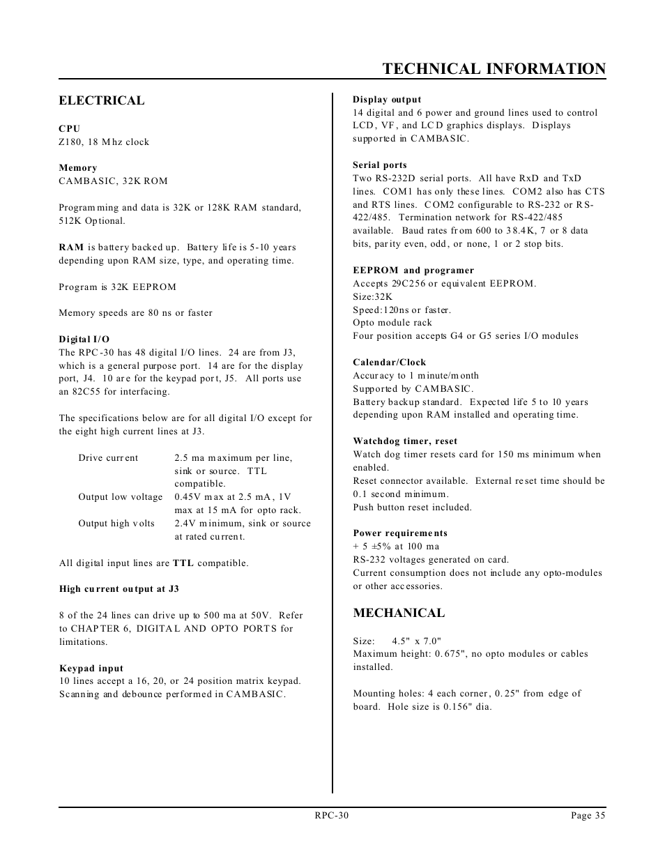 Technical information, Electrical, Mechanical | Remote Processing RPC-30 User Manual | Page 37 / 38