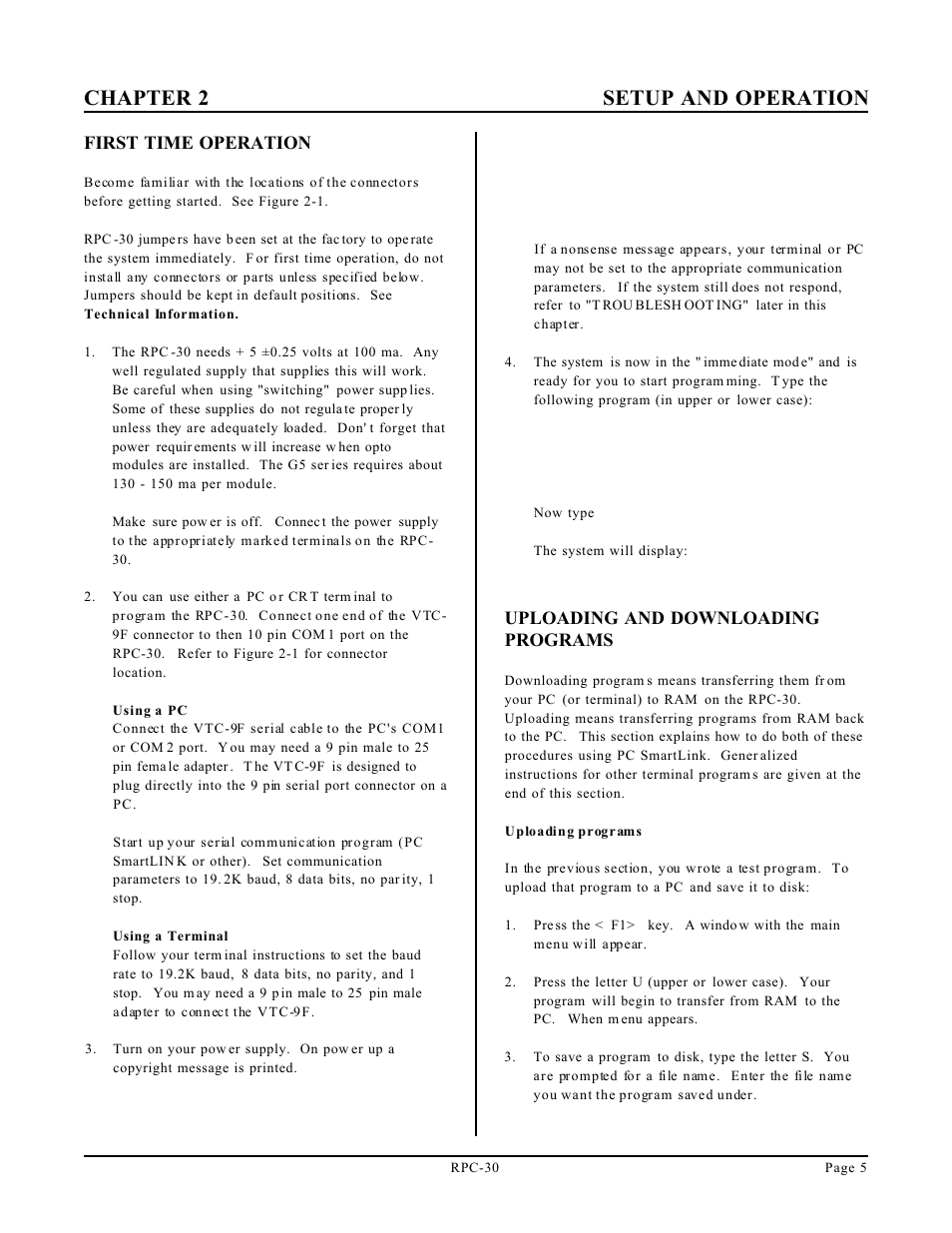 Chapter 2 setup and operation, First time operation, Uploading and downloading programs | Remote Processing RPC-30 User Manual | Page 7 / 38