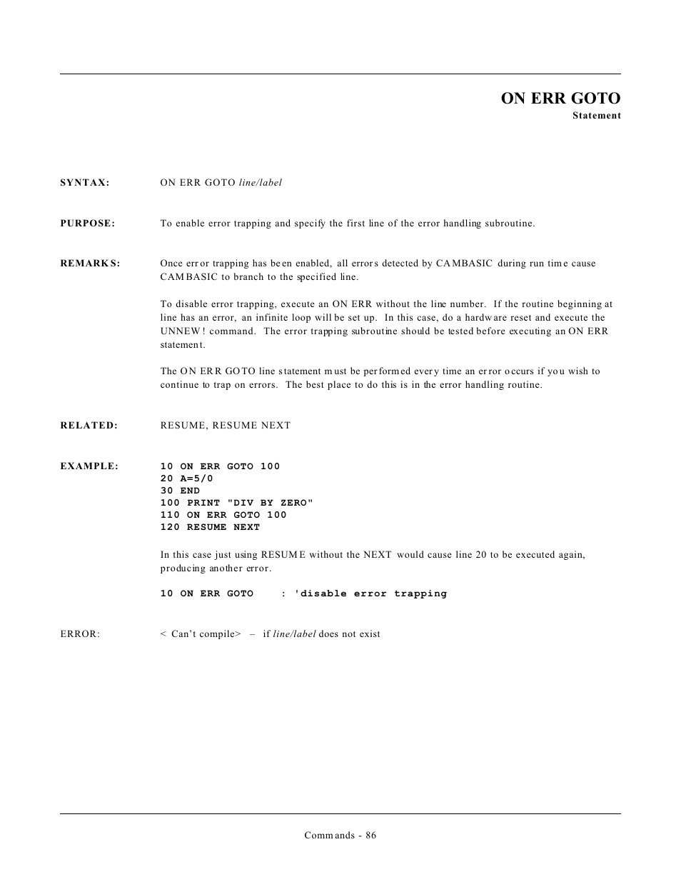On err goto | Remote Processing CAMBASIC User Manual | Page 119 / 208