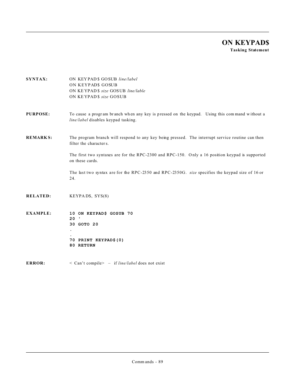 On keypad | Remote Processing CAMBASIC User Manual | Page 122 / 208