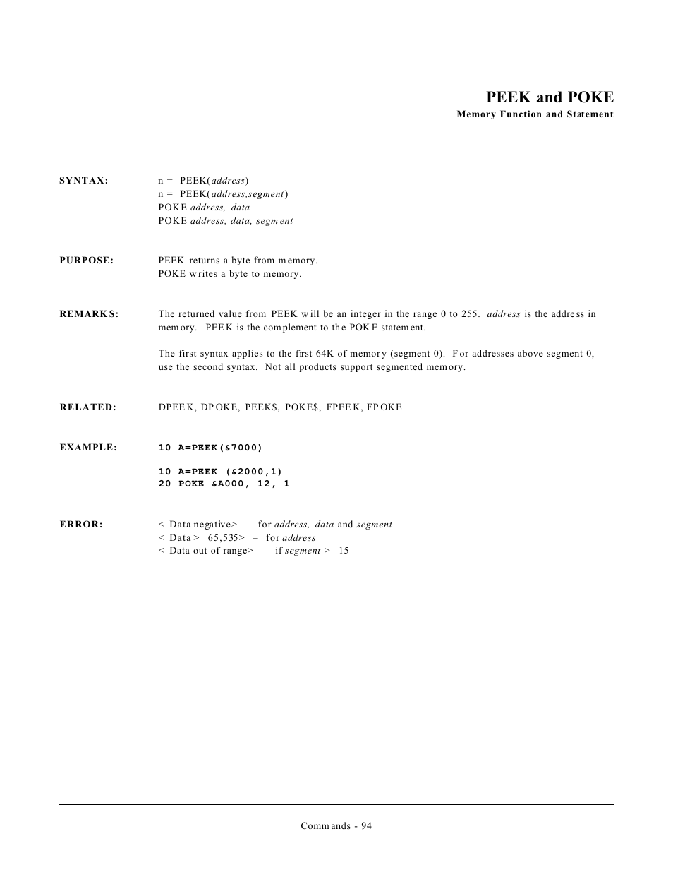 Peek and poke | Remote Processing CAMBASIC User Manual | Page 127 / 208