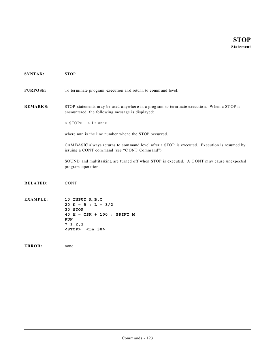 Stop | Remote Processing CAMBASIC User Manual | Page 156 / 208