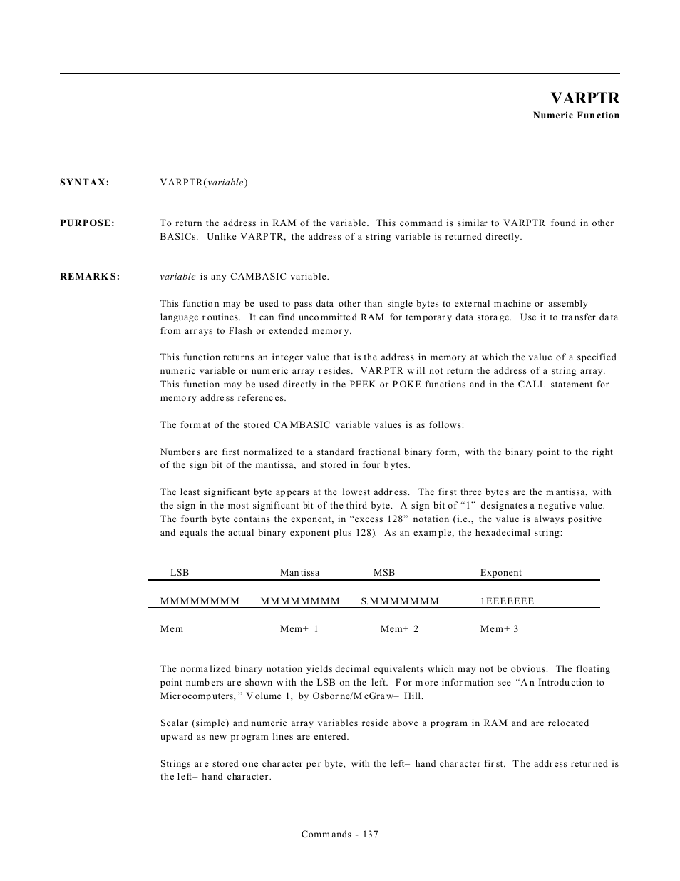 Varptr | Remote Processing CAMBASIC User Manual | Page 170 / 208