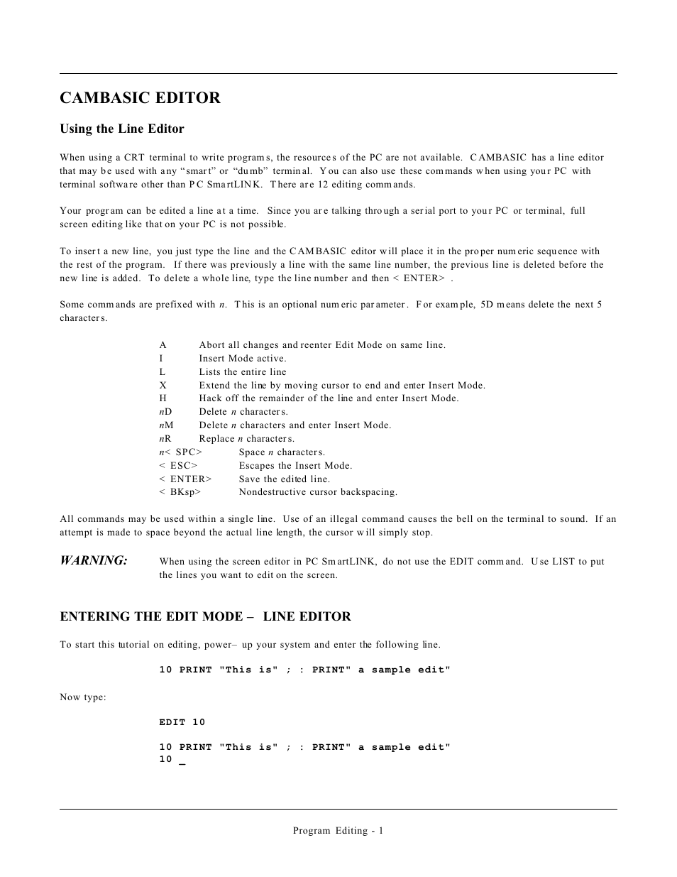 Cambasic editor, Using the line editor, Warning | Entering the edit mode – line editor | Remote Processing CAMBASIC User Manual | Page 20 / 208