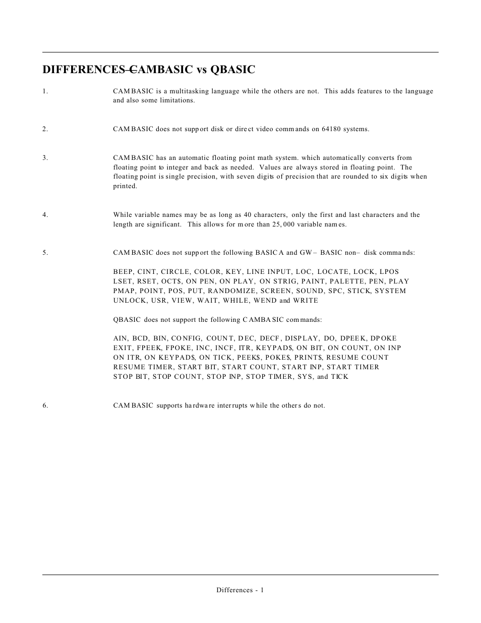 Differences— cambasic vs qbasic | Remote Processing CAMBASIC User Manual | Page 206 / 208