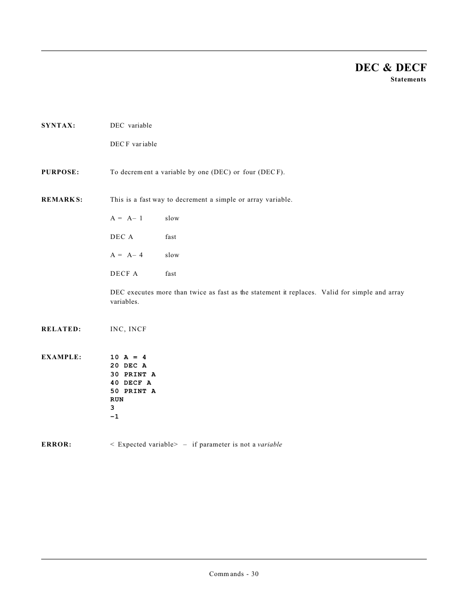 Dec & decf | Remote Processing CAMBASIC User Manual | Page 63 / 208