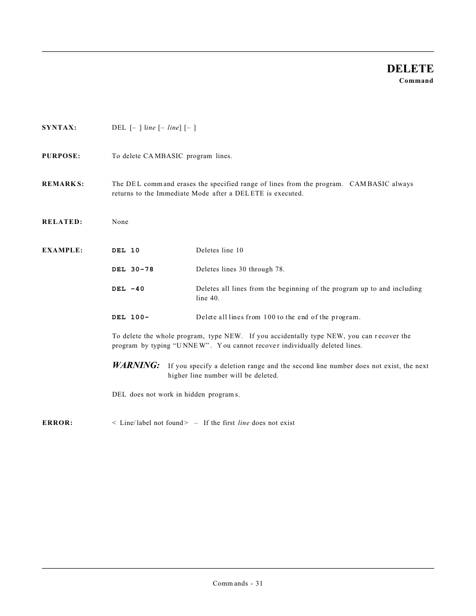 Delete, Warning | Remote Processing CAMBASIC User Manual | Page 64 / 208