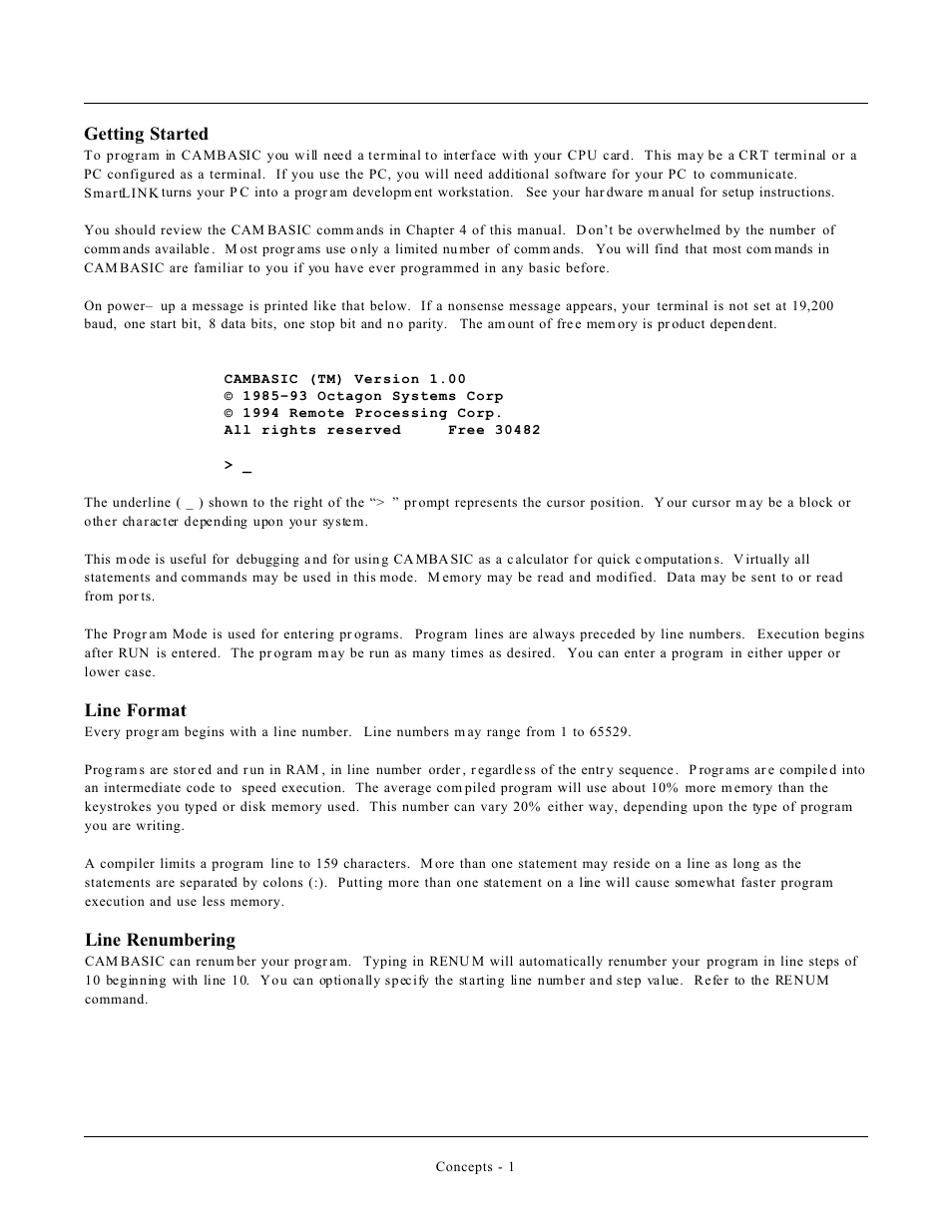 Getting started, Line format, Line renumbering | Remote Processing CAMBASIC User Manual | Page 7 / 208