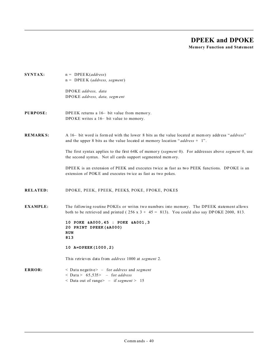 Dpeek and dpoke | Remote Processing CAMBASIC User Manual | Page 73 / 208