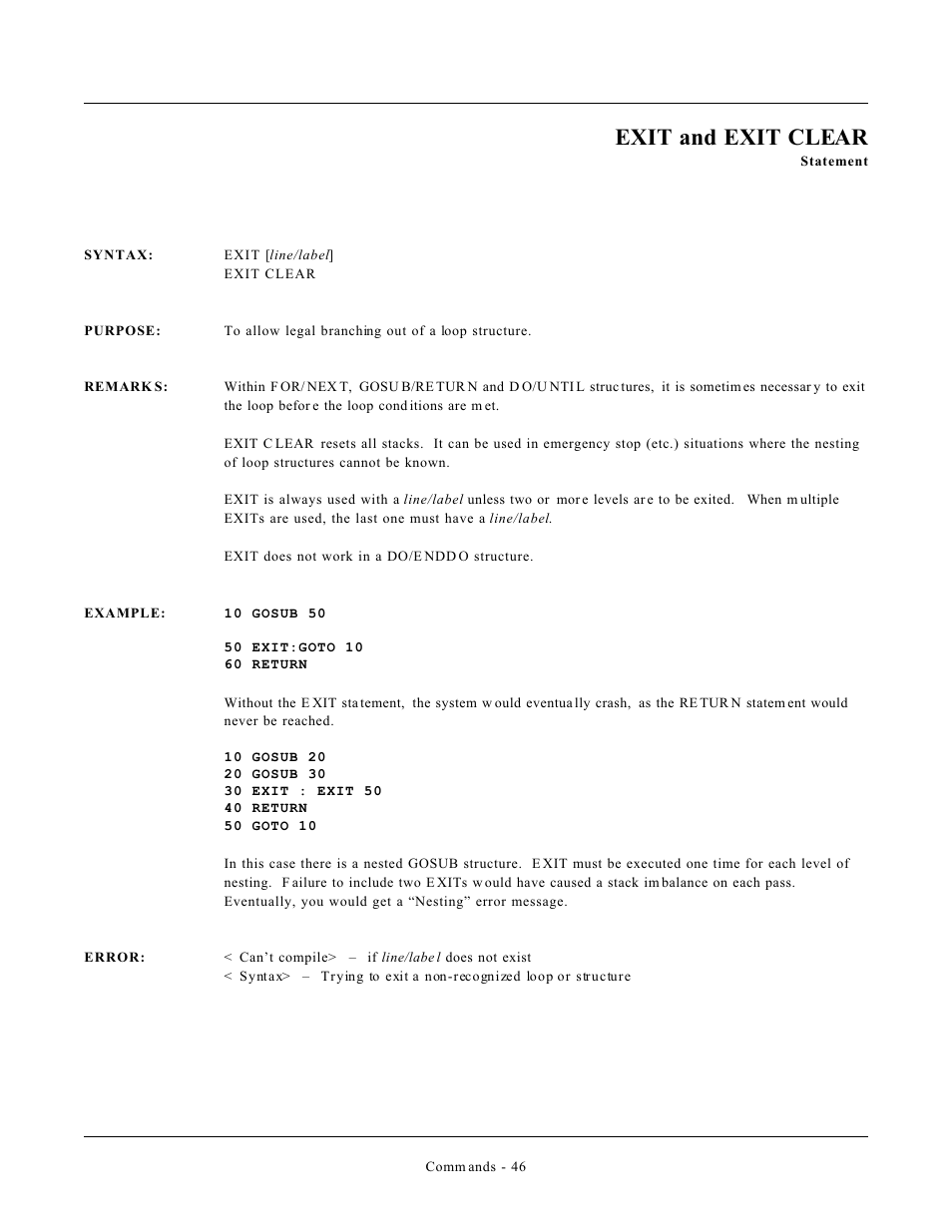 Exit and exit clear | Remote Processing CAMBASIC User Manual | Page 79 / 208