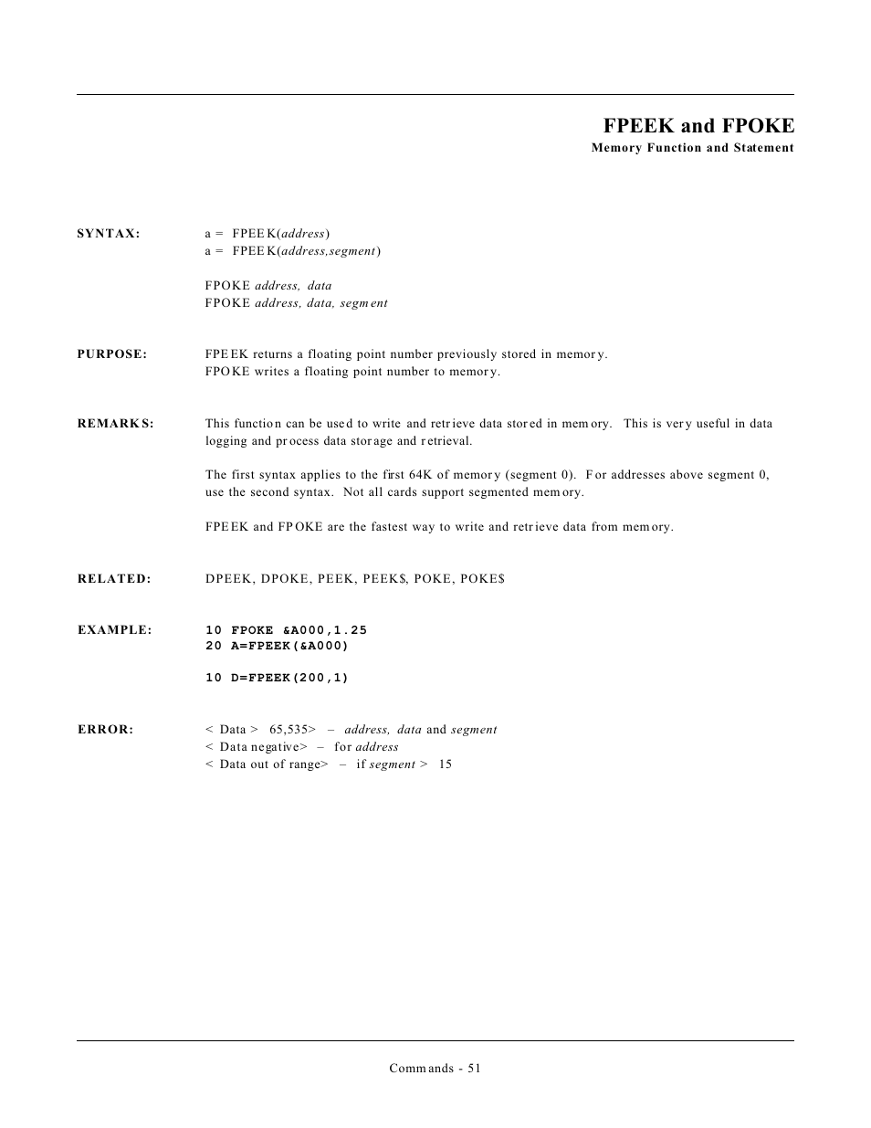 Fpeek and fpoke | Remote Processing CAMBASIC User Manual | Page 84 / 208