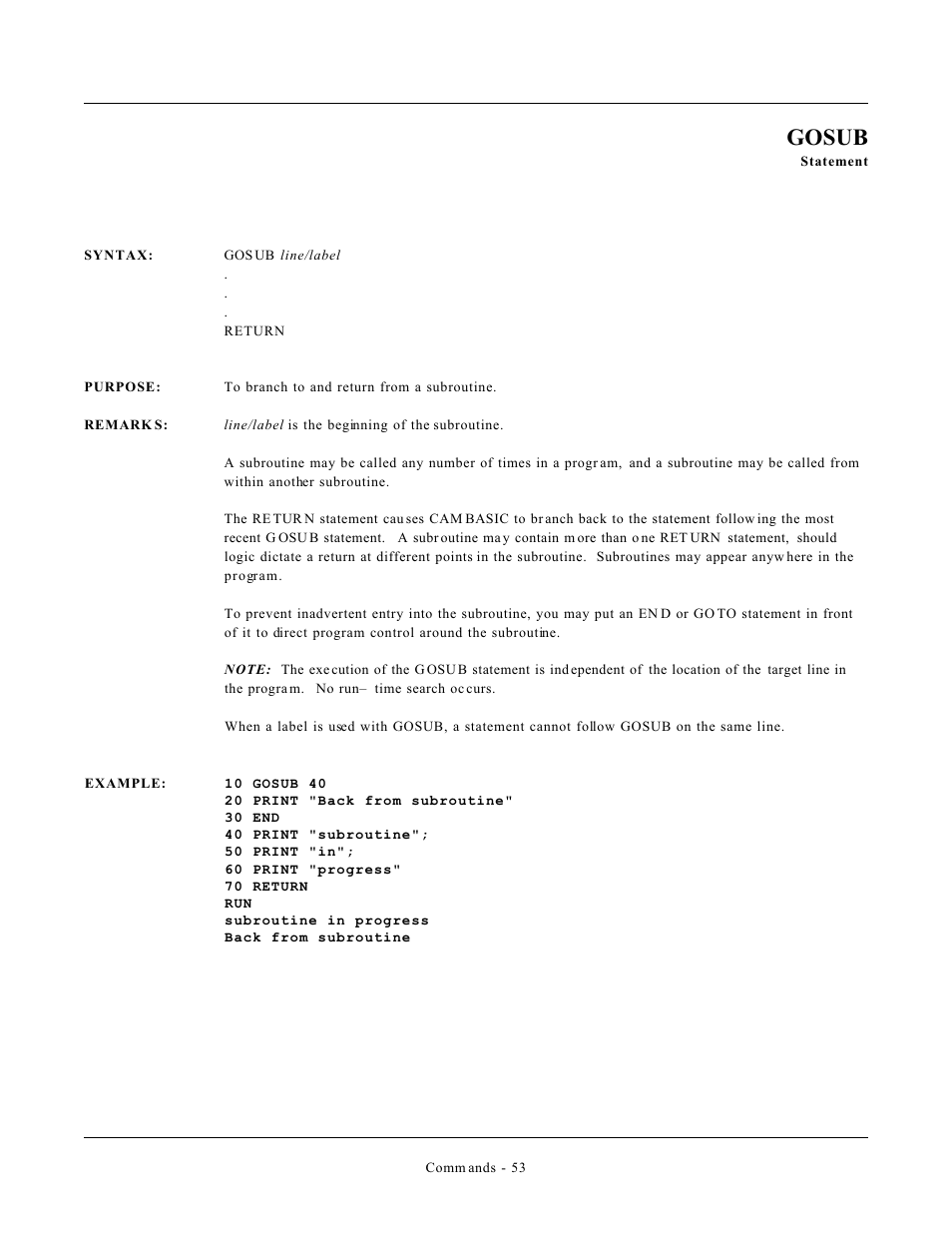 Gosub | Remote Processing CAMBASIC User Manual | Page 86 / 208