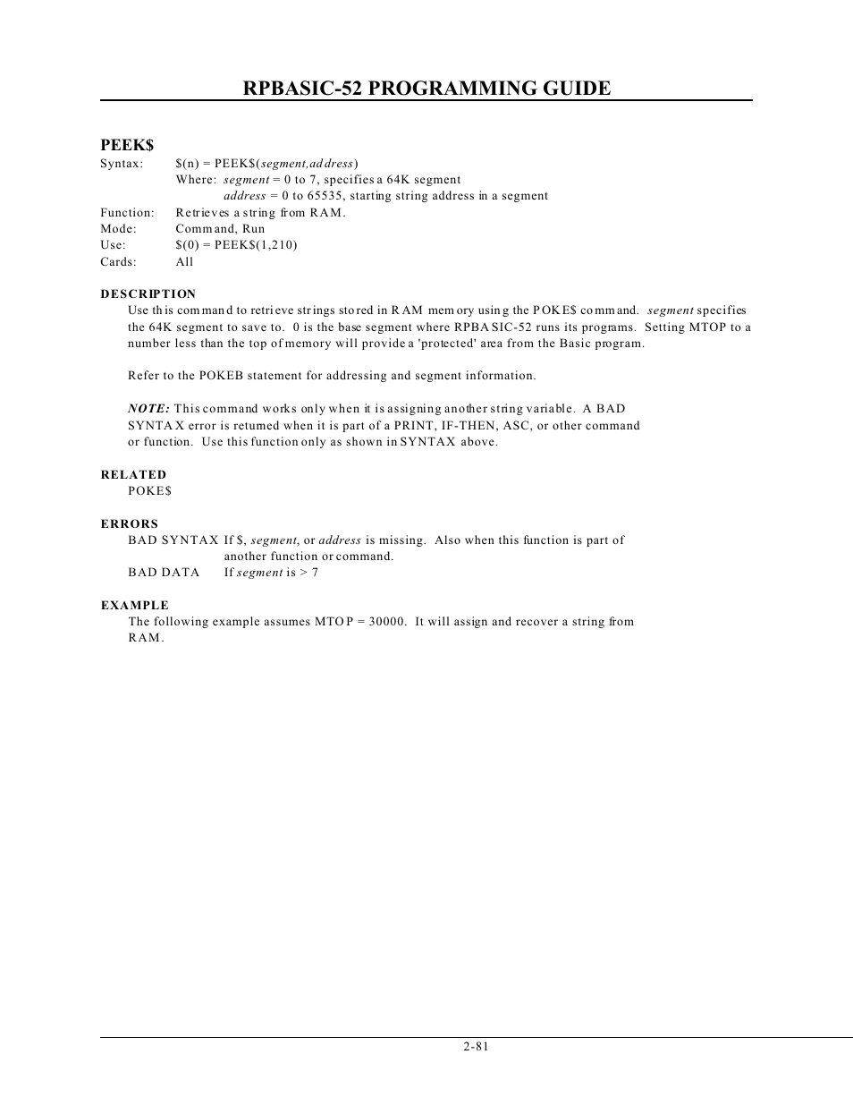 Rpbasic-52 programming guide, Peek | Remote Processing BASIC 52 User Manual | Page 100 / 163