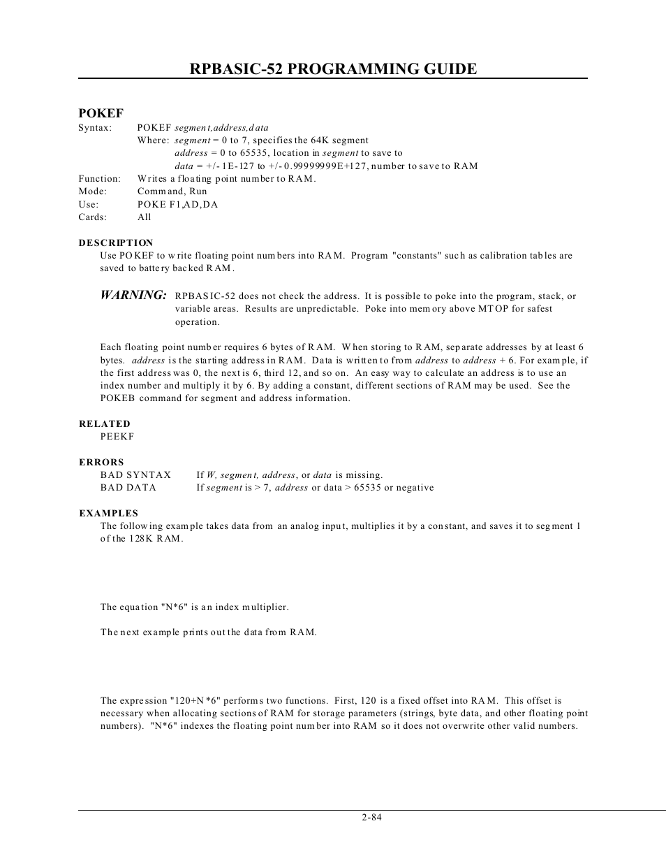 Rpbasic-52 programming guide, Pokef, Warning | Remote Processing BASIC 52 User Manual | Page 103 / 163